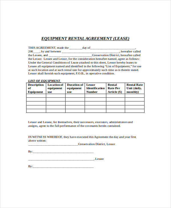 simple equipment rental agreement