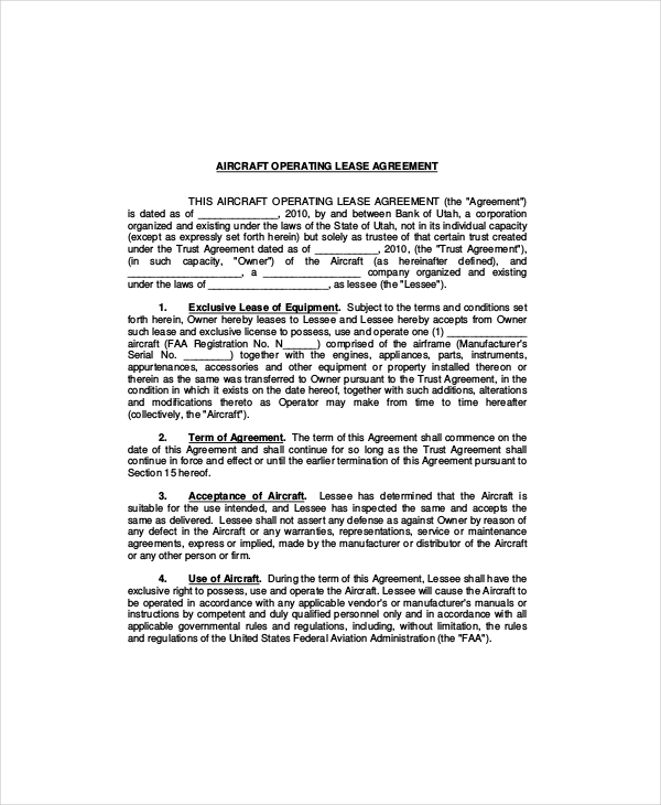 aircraft operating lease agreement template