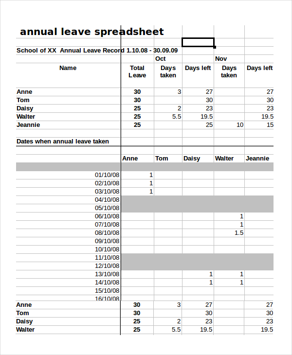 excel annual leave calendar template