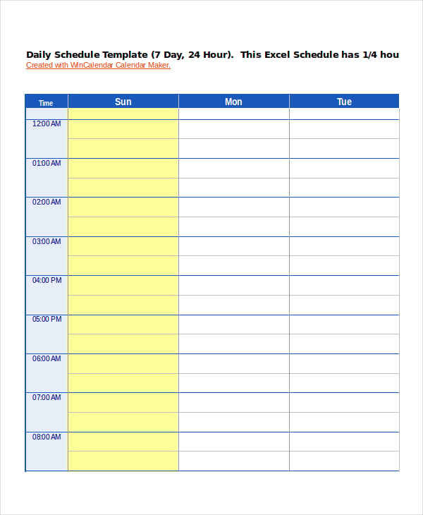 excel daily calendar template