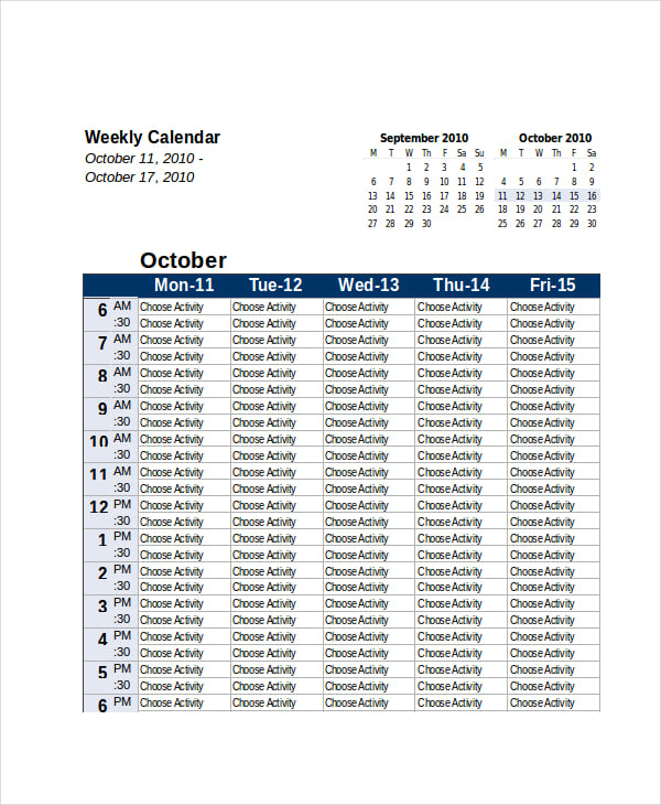 excel weekly calendar template