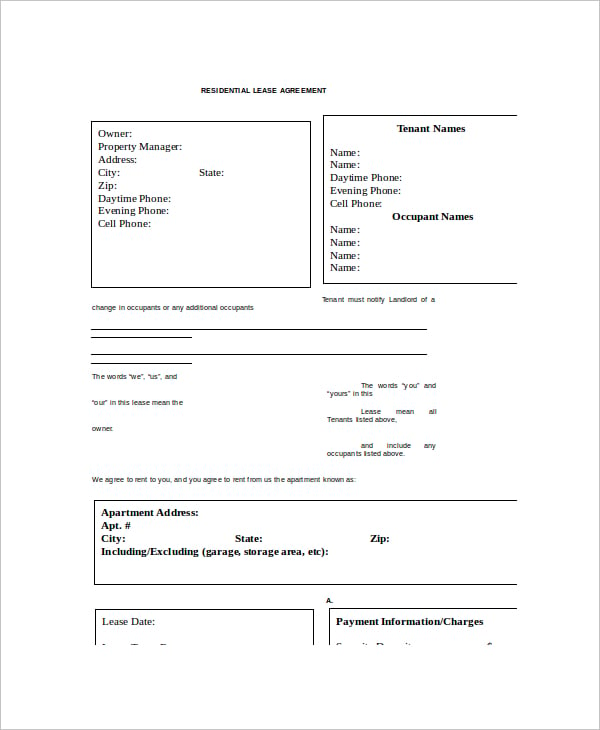 residential agreement lease template