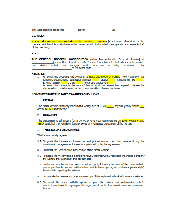 vehicle leasing agreement template