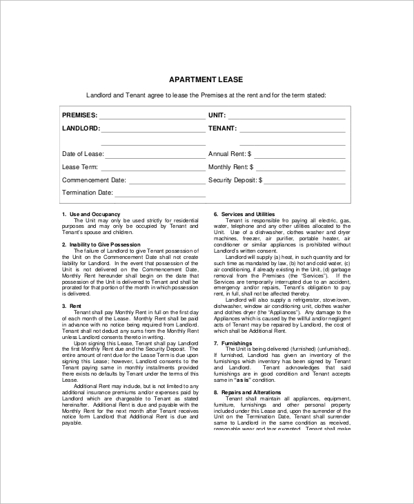 example of an apartment lease template