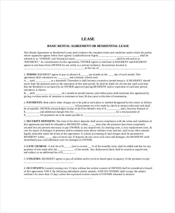 blank residential rental lease agreement
