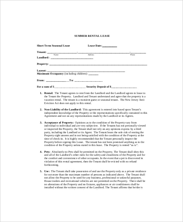 summer rental lease template