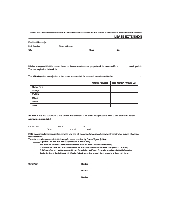 sample rental lease extension template