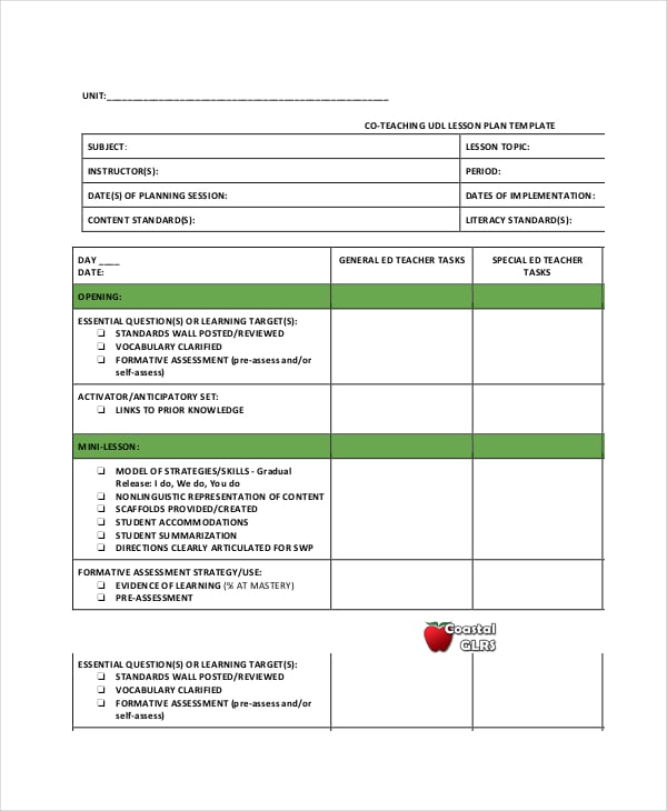 co teaching udl lesson plan template