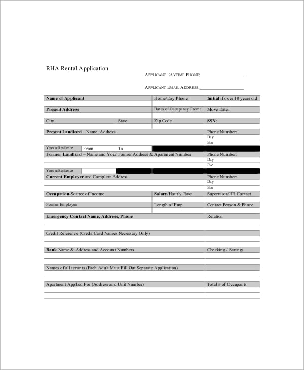 blank rental application form template