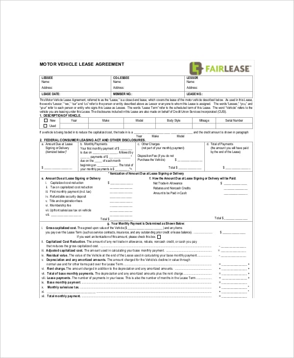 blank motor vehicle lease agreement example