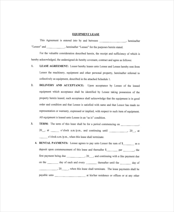 sample equipment lease template