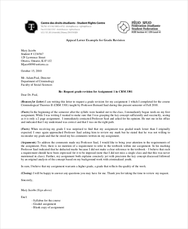 appeal letter for grade revision