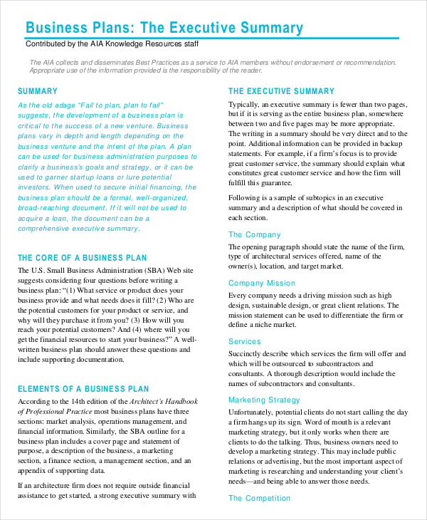 the executive summary section of the business plan