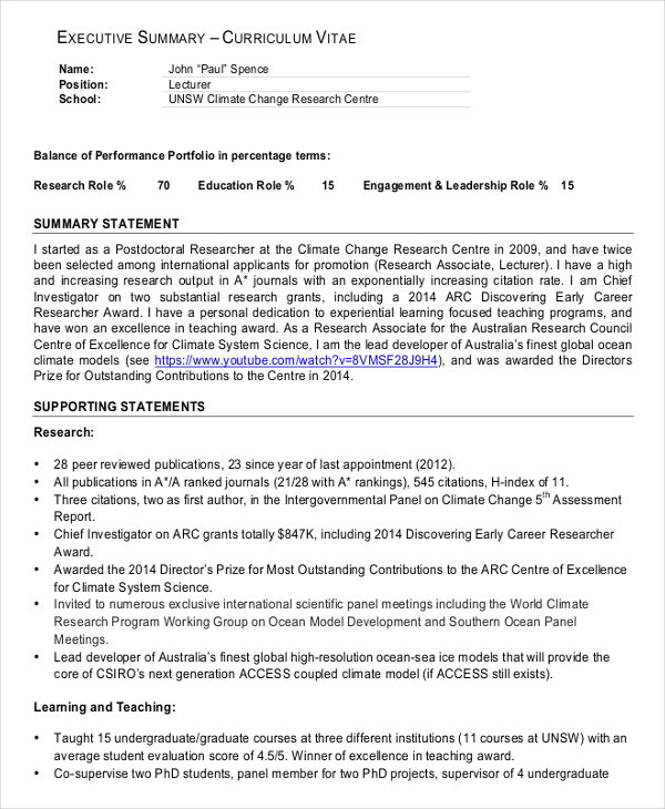 cv executive summary example