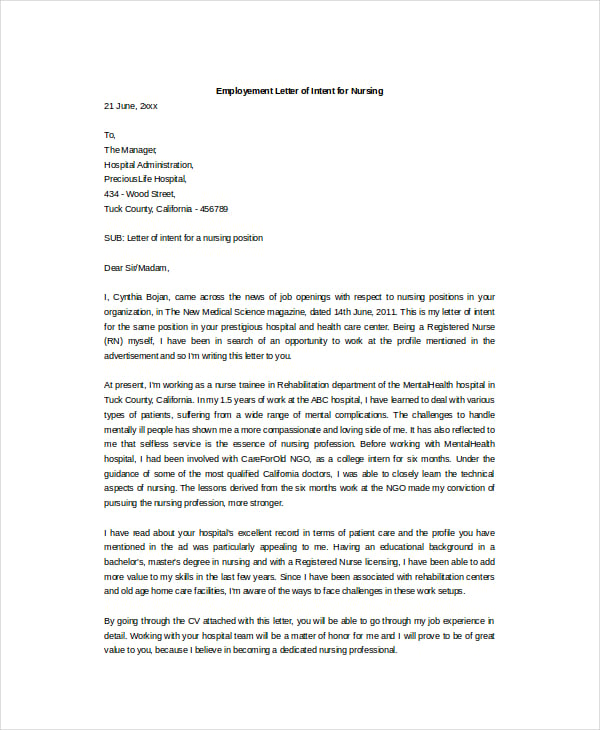 letter of intent nursing employment
