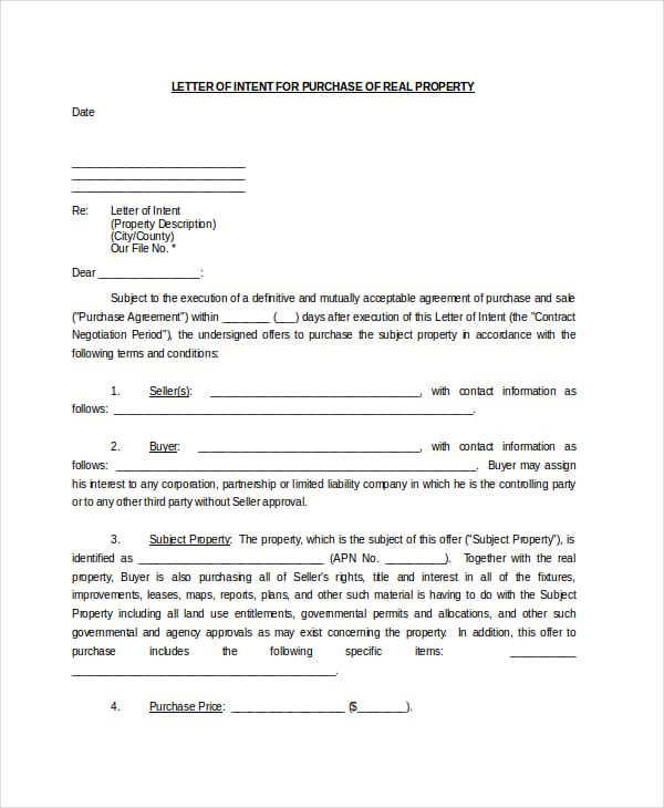 letter of intent to purchase property
