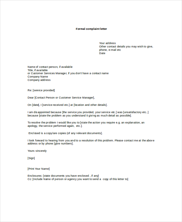 formal complaint letter format