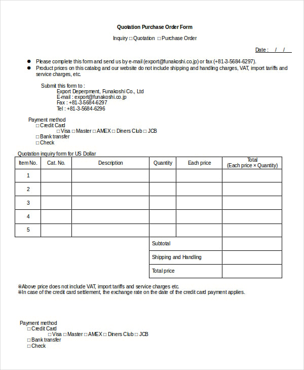 quotation purchase order form template