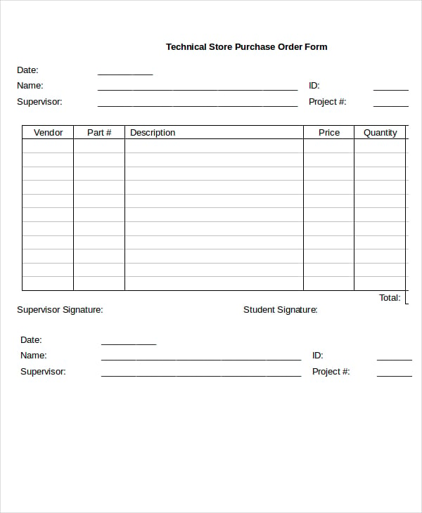 technical store purchase order form template