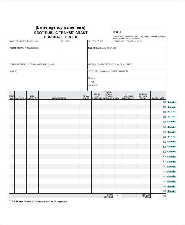 vehicle purchase order form template