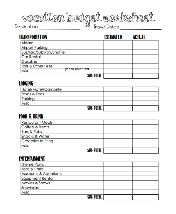 vacation budget planner template