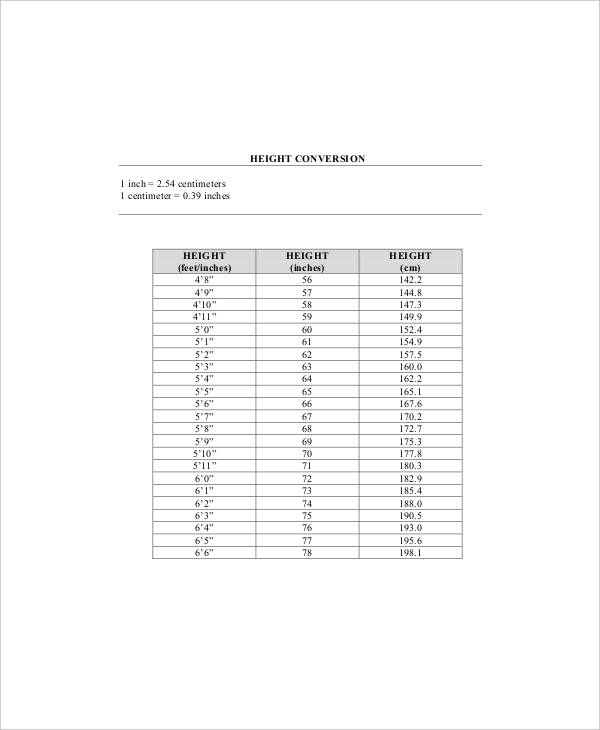 height conversion chart from feet to cm