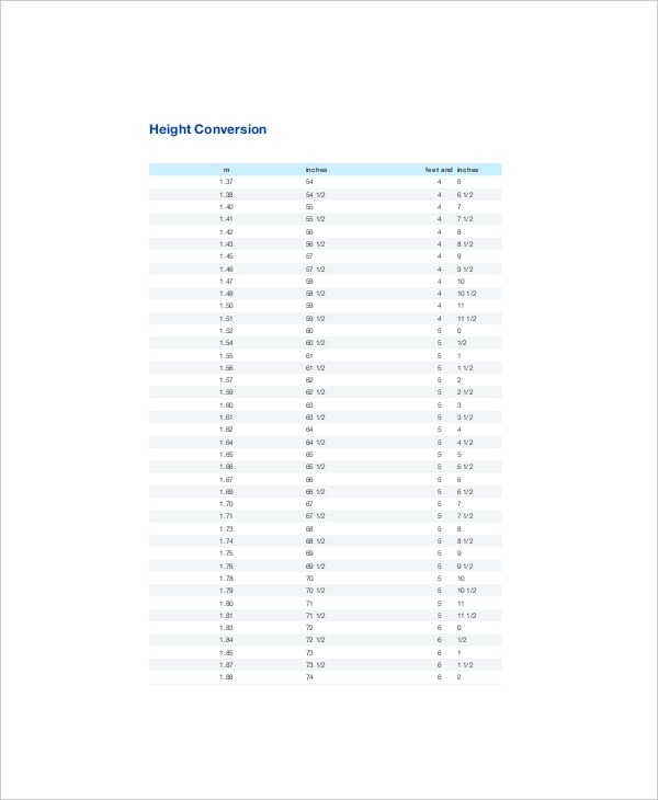 Tien Trunk bibliotheek fabriek 7+ Height And Weight Conversion Chart Templates - Free Sample, Example,  Format