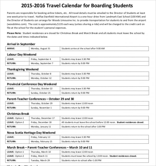 travel calendar for boarding students