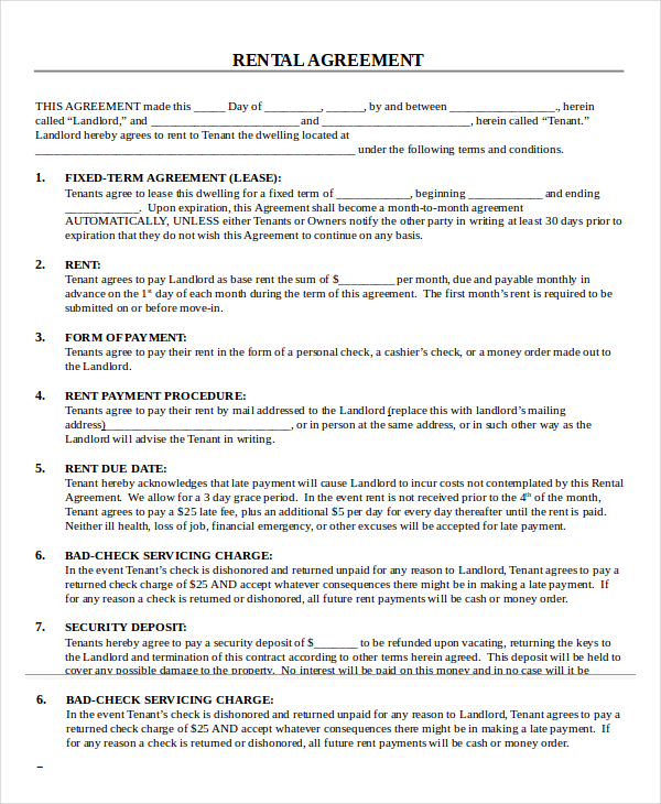 printable rental agreement 21 free word pdf documents