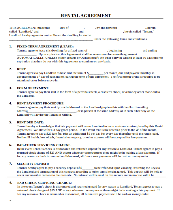 Printable Rental Agreement 22 Word PDF Documents Download
