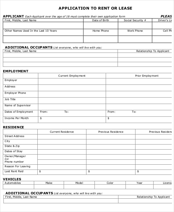 rental lease application template