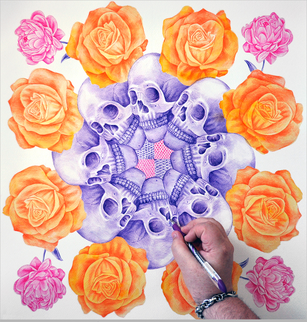 skulls roses ballpoint artwork