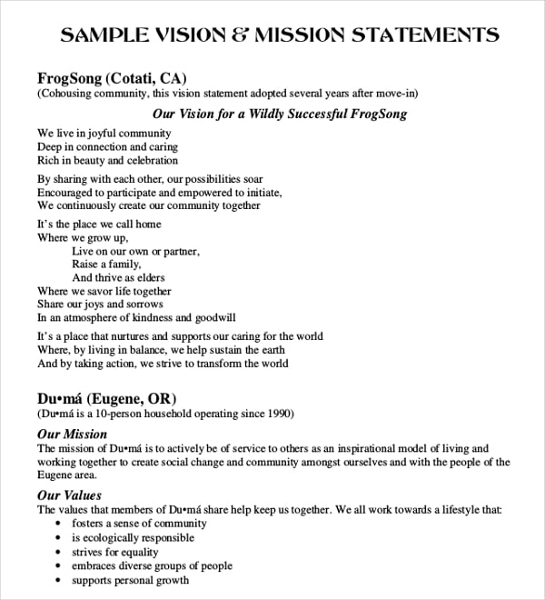 vision and mission statement example