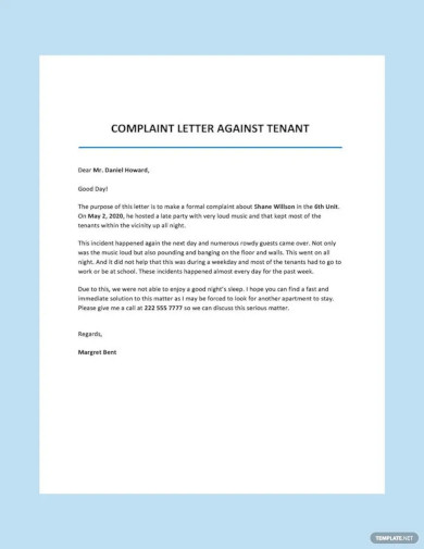 complaint letter against tenant template