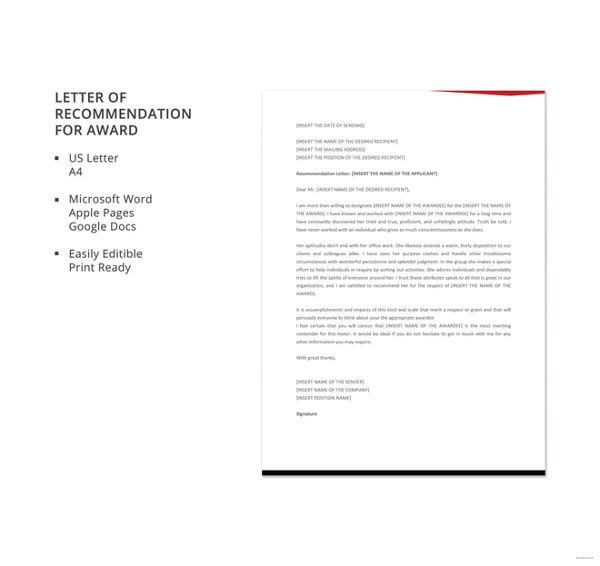 letter of recommendation for award template