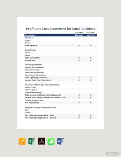 profit and loss statement for small business template
