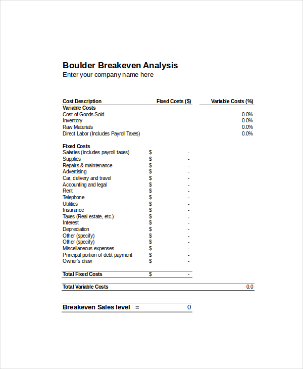 Free Break Even Analysis Template