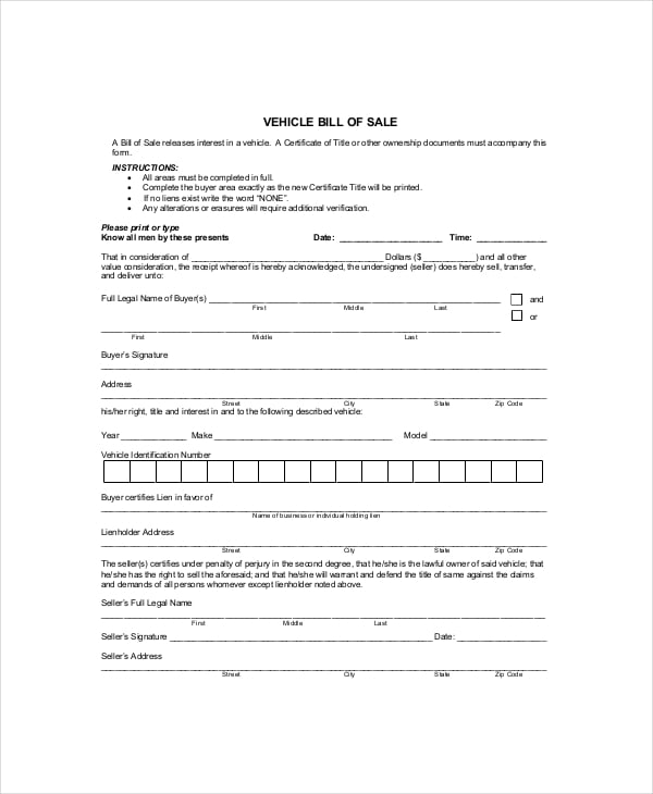 used vehicle bill of sale template