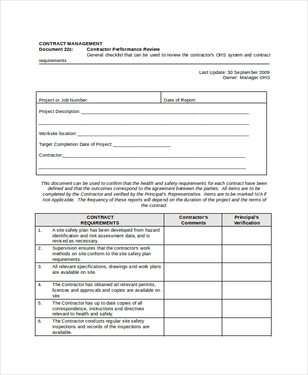 contract performance review template