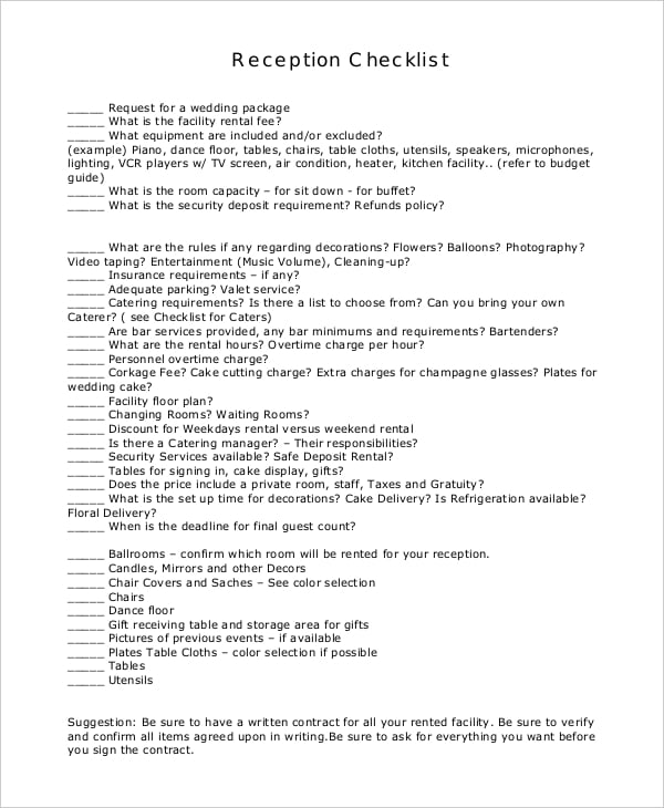 reception checklist for wedding planner