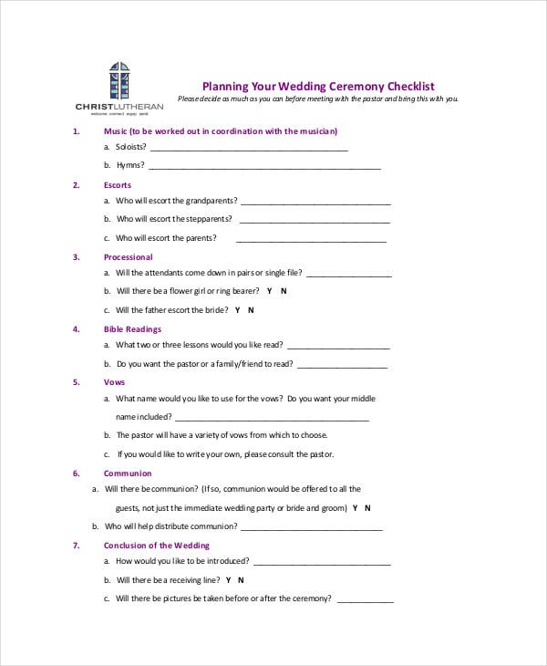 wedding ceremony checklist planner free download