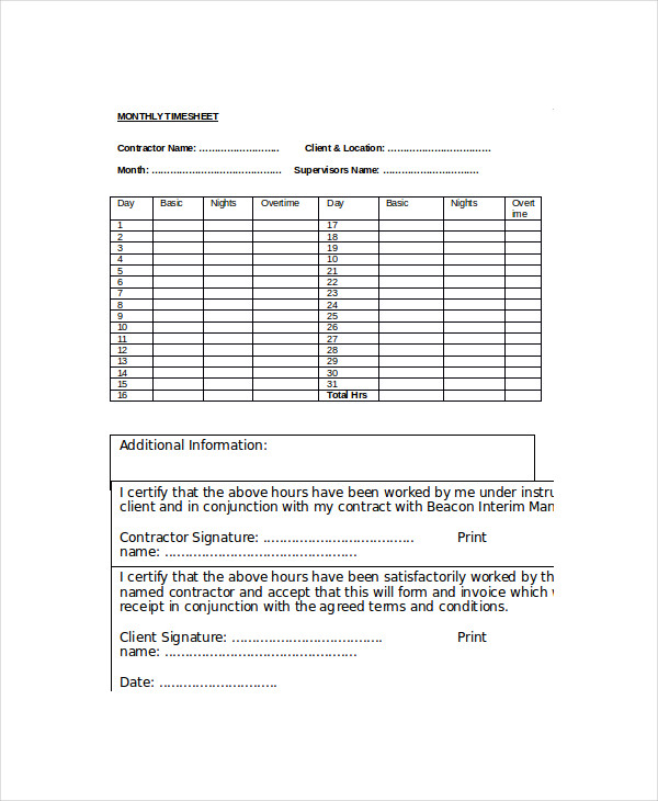 monthly timesheet template