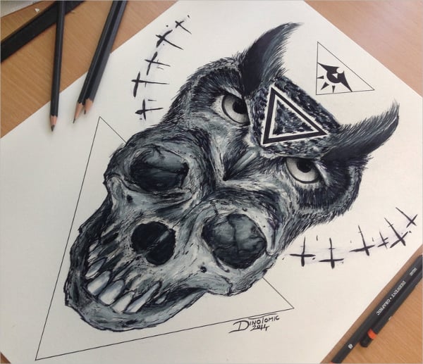 skull and owl drawing