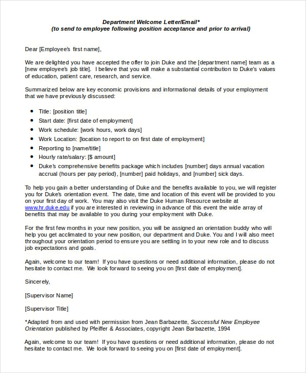 department welcome letter