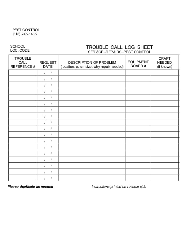 trouble call sheet template download