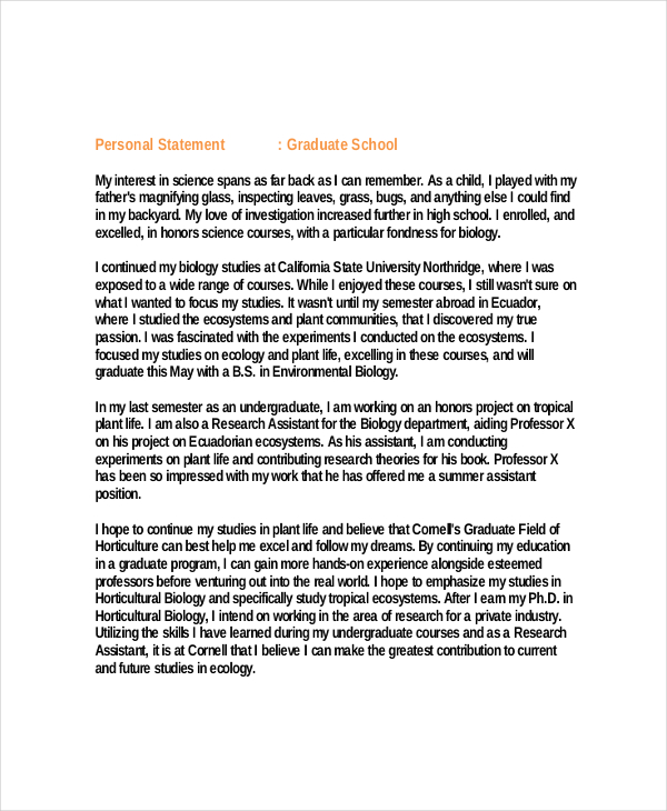 example of personal statements for graduate school