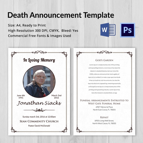 Death Announcement - 5+ Word, Psd Format Download