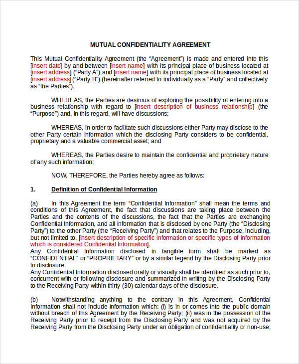 mutual confidentiality agreement template