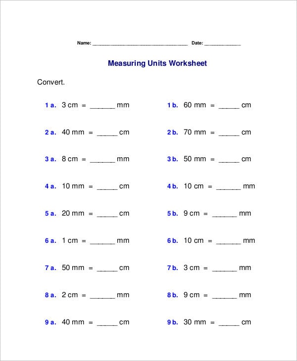 sample metric unit conversion chart worksheet