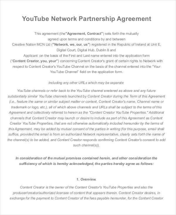 youtube network partnership agreement